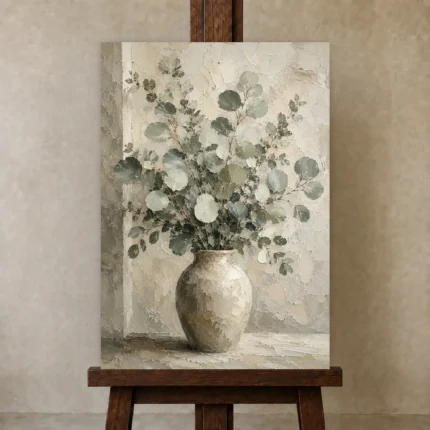 Ceramic Vase Eucalyptus Wall Art Canvas Print shown in Studio Easel