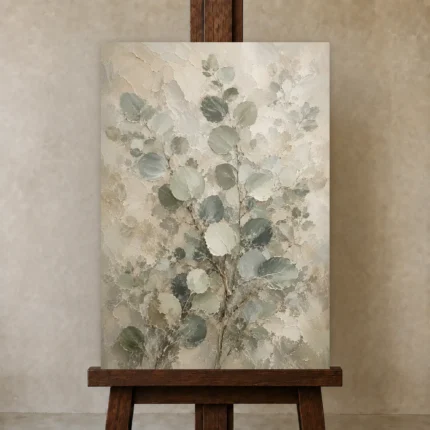 Ivory Sage Eucalyptus Wall Art Canvas Print shown in Studio Easel