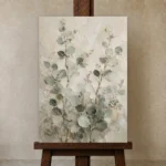 Tall Stem Eucalyptus Wall Art Canvas Print displayed on a studio easel