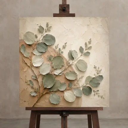 Warm Plaster Eucalyptus Wall Art Canvas Print displayed on a studio easel