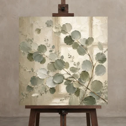 Layered Branch Eucalyptus Wall Art Canvas Print displayed on a studio easel