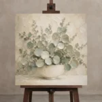 White Bowl Eucalyptus Wall Art Canvas Print displayed on a studio easel