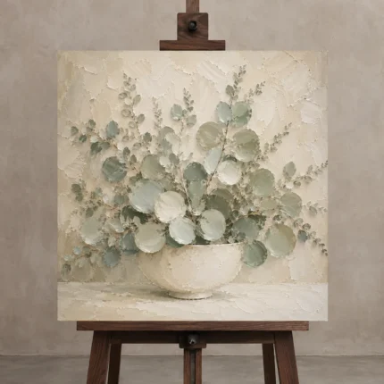 White Bowl Eucalyptus Wall Art Canvas Print displayed on a studio easel