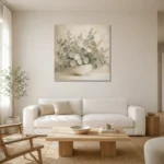 White Bowl Eucalyptus Wall Art Canvas Print styled in a refined neutral interior