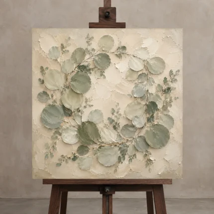 Circular Branch Eucalyptus Wall Art Canvas Print shown in Studio Easel