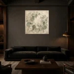 Circular Branch Eucalyptus Wall Art Canvas Print shown in a warm modern interior