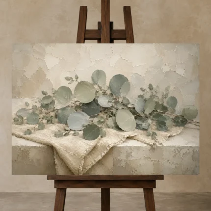 Draped Linen Eucalyptus Wall Art Canvas Print shown in Studio Easel