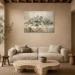 Draped Linen Eucalyptus Wall Art Canvas Print presented in a sophisticated home setting