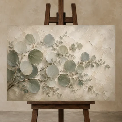 Sweeping Sage Eucalyptus Wall Art Canvas Print displayed on a studio easel