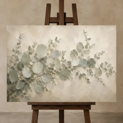 Trailing Branch Eucalyptus Wall Art Canvas Print displayed on a studio easel