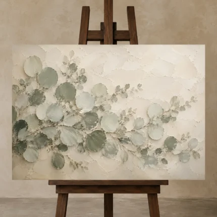 Horizontal Sage Eucalyptus Wall Art Canvas Print displayed on a studio easel