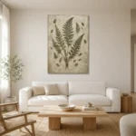 Textured Woodland Fern Wall Art Canvas Print styled in a refined neutral interior