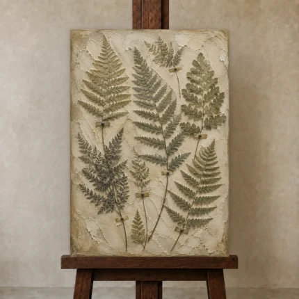 Pressed Herbarium Fern Wall Art Canvas Print shown in Studio Easel