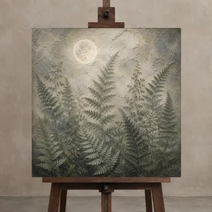Moonlit Forest Fern Wall Art Canvas Print displayed on a studio easel