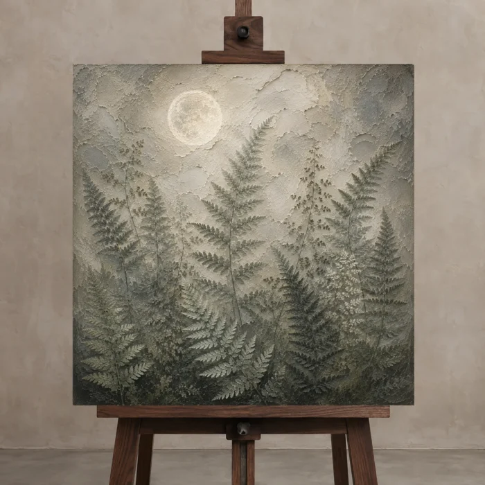 Moonlit Forest Fern Wall Art Canvas Print displayed on a studio easel