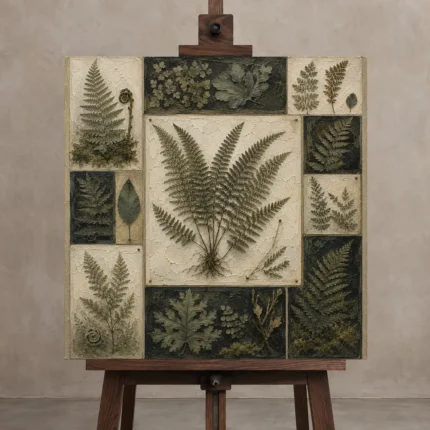 Herbarium Gallery Fern Wall Art Canvas Print displayed on a studio easel