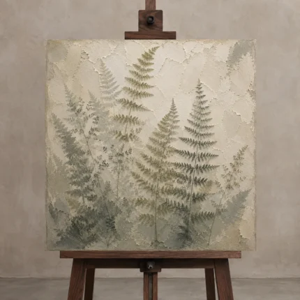 Misty Meadow Fern Wall Art Canvas Print displayed on a studio easel