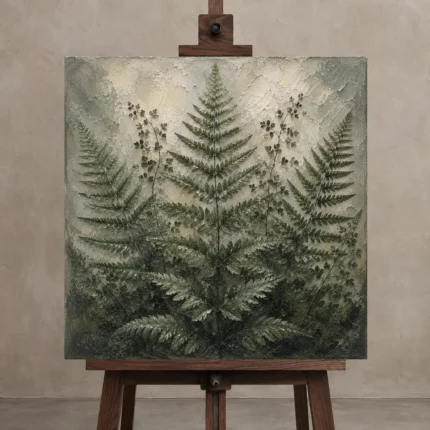 Dewlit Forest Fern Wall Art Canvas Print shown in Studio Easel