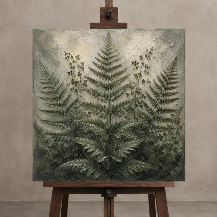 Dewlit Forest Fern Wall Art Canvas Print displayed on a studio easel