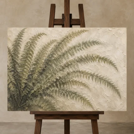 Sweeping Fern Fronds Wall Art Canvas Print displayed on a studio easel