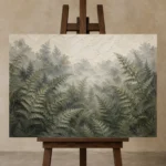 Misty Fern Forest Wall Art Canvas Print displayed on a studio easel