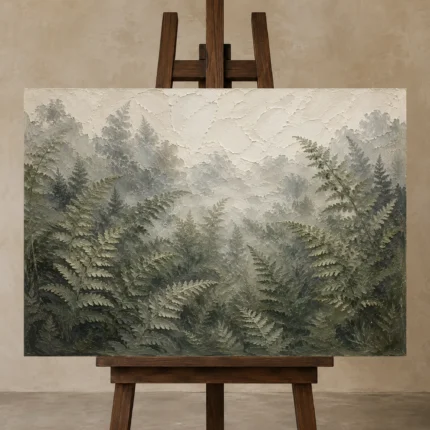 Misty Fern Forest Wall Art Canvas Print displayed on a studio easel