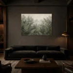 Misty Fern Forest Wall Art Canvas Print shown in a warm modern interior