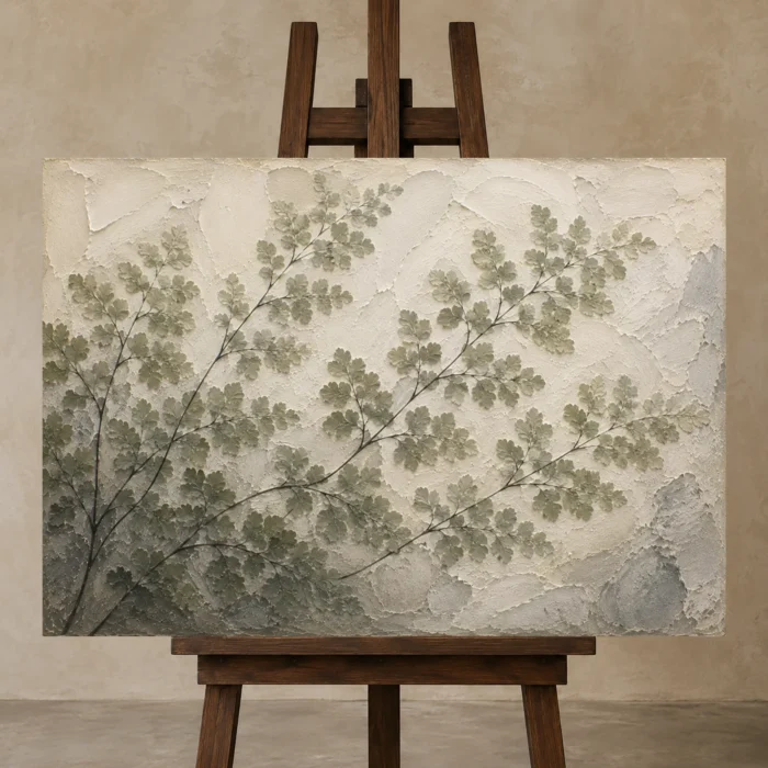 Branching Maidenhair Fern Wall Art Canvas Print displayed on a studio easel
