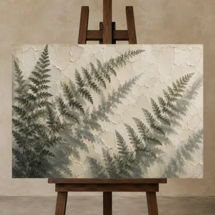 Diagonal Woodland Fern Wall Art Canvas Print shown in Studio Easel