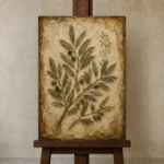 Olive Branch Herbarium Wall Art Canvas Print displayed on a studio easel