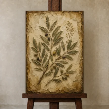 Olive Branch Herbarium Wall Art Canvas Print shown in Studio Easel