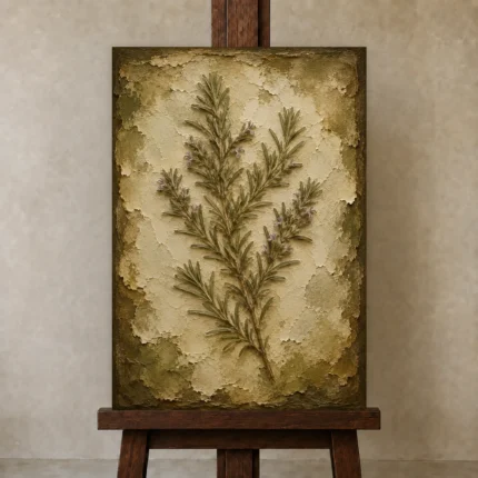 Rosemary Herbarium Wall Art Canvas Print shown in Studio Easel
