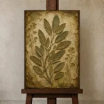 Sage Herbarium Wall Art Canvas Print displayed on a studio easel
