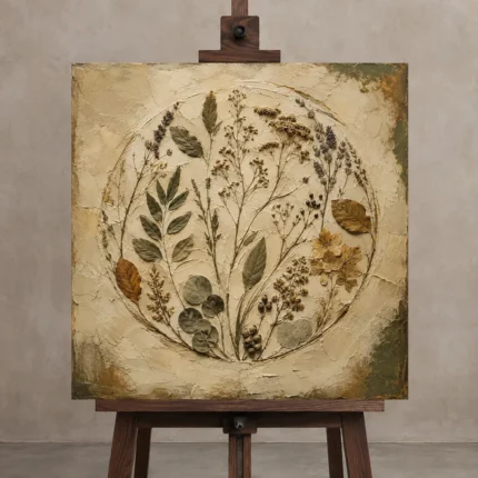 Pressed Wildflower Herbarium Wall Art Canvas Print displayed on a studio easel