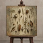 Dried Seed Pods Herbarium Wall Art Canvas Print displayed on a studio easel