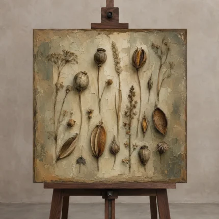 Dried Seed Pods Herbarium Wall Art Canvas Print shown in Studio Easel