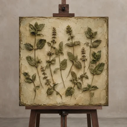 Mint Herbarium Wall Art Canvas Print displayed on a studio easel