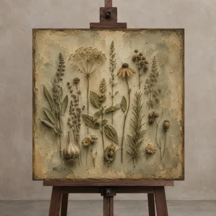 Medicinal Herbs Herbarium Wall Art Canvas Print displayed on a studio easel