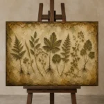 Rooted Meadow Herbs Herbarium Wall Art Canvas Print displayed on a studio easel
