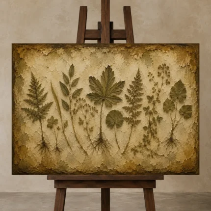 Rooted Meadow Herbs Herbarium Wall Art Canvas Print displayed on a studio easel