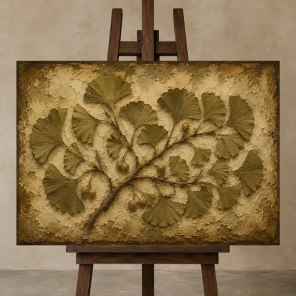 Ginkgo Branch Herbarium Wall Art Canvas Print shown in Studio Easel