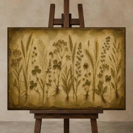 Wild Meadow Grass Herbarium Wall Art Canvas Print displayed on a studio easel