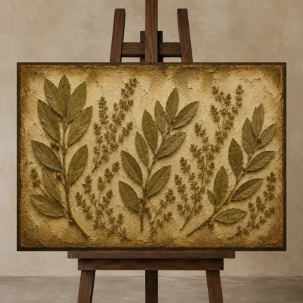 Laurel Branch Herbarium Wall Art Canvas Print displayed on a studio easel