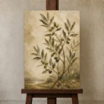 Mediterranean Olive Branch Wall Art Canvas Print displayed on a studio easel