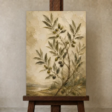 Mediterranean Olive Branch Wall Art Canvas Print shown in Studio Easel