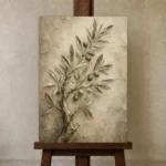 Textured Olive Branch Wall Art Canvas Print displayed on a studio easel