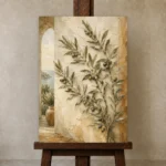 Tuscan Olive Branch Wall Art Canvas Print displayed on a studio easel