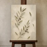 Minimal Olive Branch Wall Art Canvas Print displayed on a studio easel