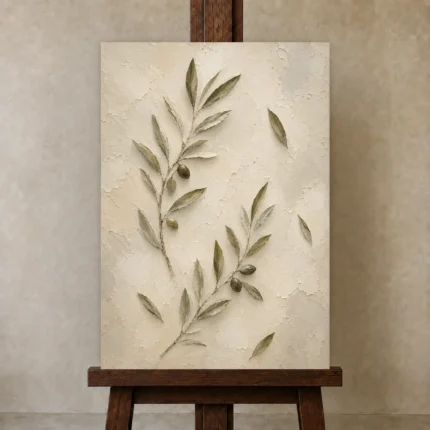 Minimal Olive Branch Wall Art Canvas Print shown in Studio Easel