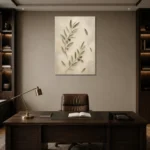 Minimal Olive Branch Wall Art Canvas Print displayed in a contemporary gallery-inspired room